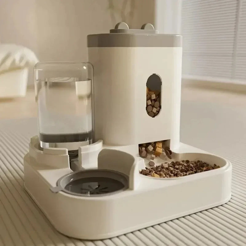 Alimentador automático para cães e gatos com dispenser de ração e bebedouro integrado em design moderno.