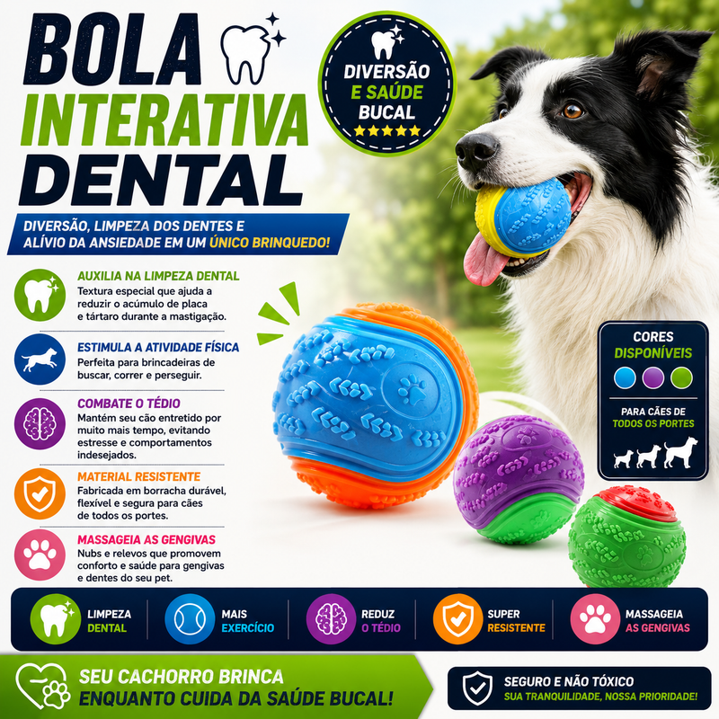 Bola interativa para cachorro com textura para limpeza dental sendo utilizada por um cão durante a brincadeira.
