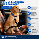 Cachorro usando cinto de segurança ajustável preso ao banco do carro durante uma viagem.