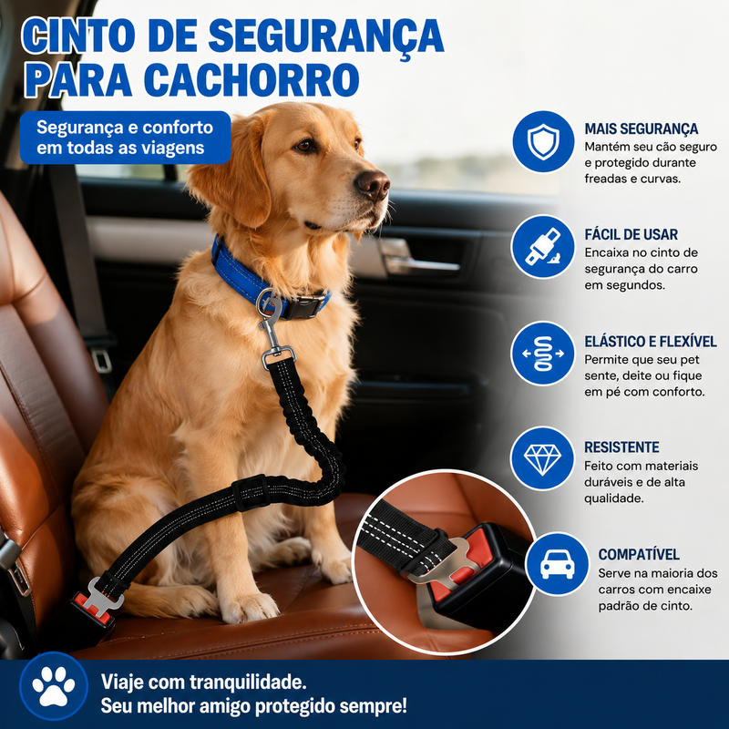 Cachorro usando cinto de segurança ajustável preso ao banco do carro durante uma viagem.
