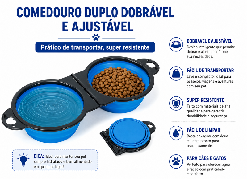 Comedouro e bebedouro dobrável portátil 2 em 1 para cães e gatos utilizado durante passeios e viagens.