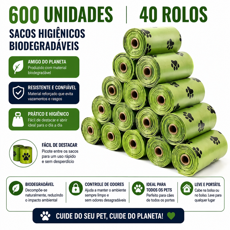 Kit de sacos higiênicos biodegradáveis para recolher fezes de cachorro durante passeios e atividades ao ar livre.