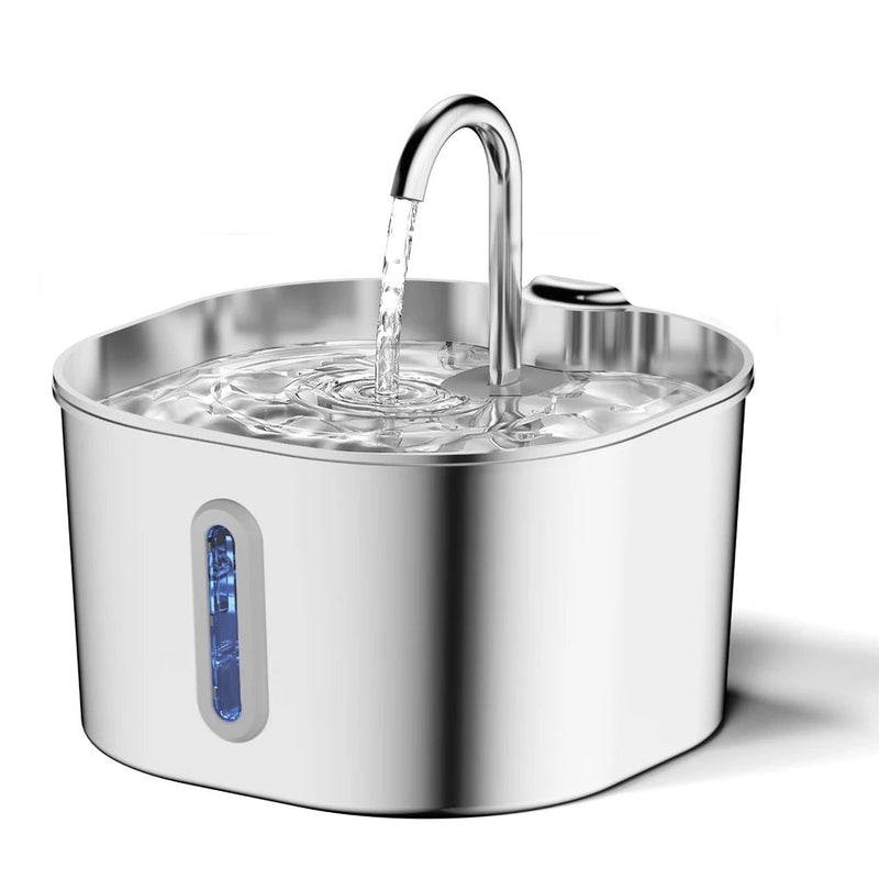 Fonte de água automática em aço inoxidável para cães e gatos com capacidade de 2,2 litros e sistema de filtragem silencioso.
