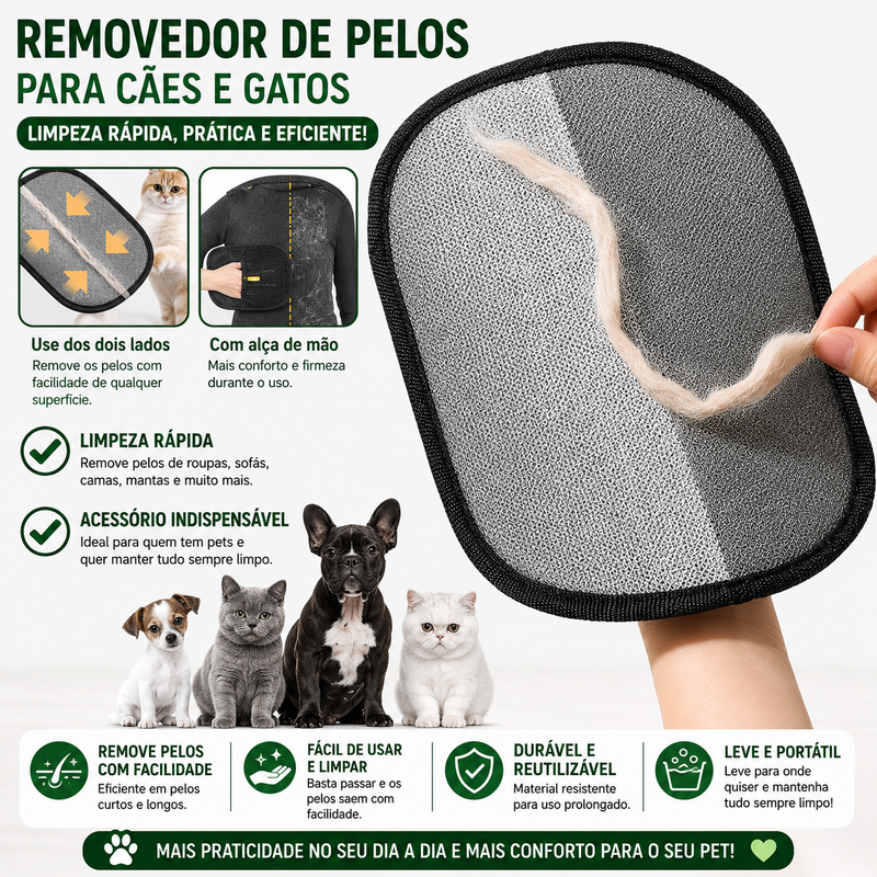 Removedor reutilizável de pelos de cachorro e gato sendo utilizado para limpar roupas e estofados.