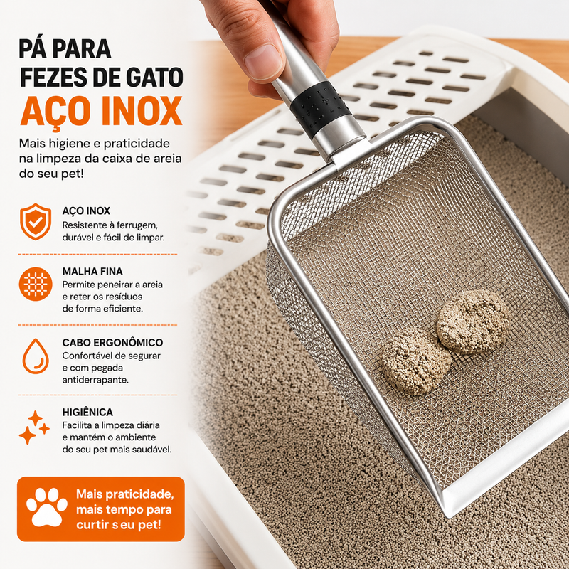 Pá de areia para gatos em aço inoxidável removendo resíduos da caixa de areia com eficiência e praticidade.
