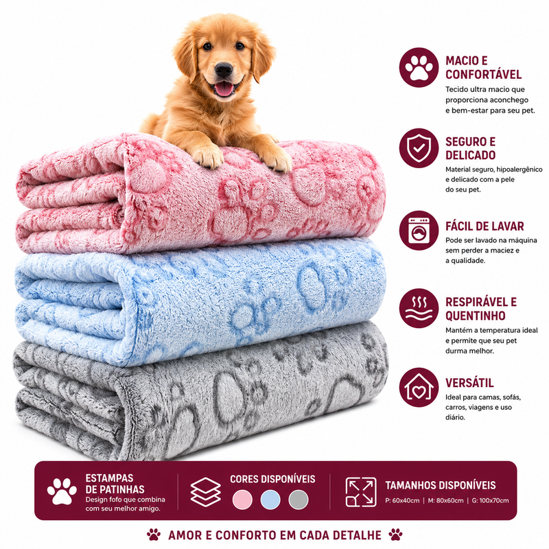 Manta ultra macia para cães e gatos dobrada com estampa de patinhas proporcionando conforto e proteção para pets.