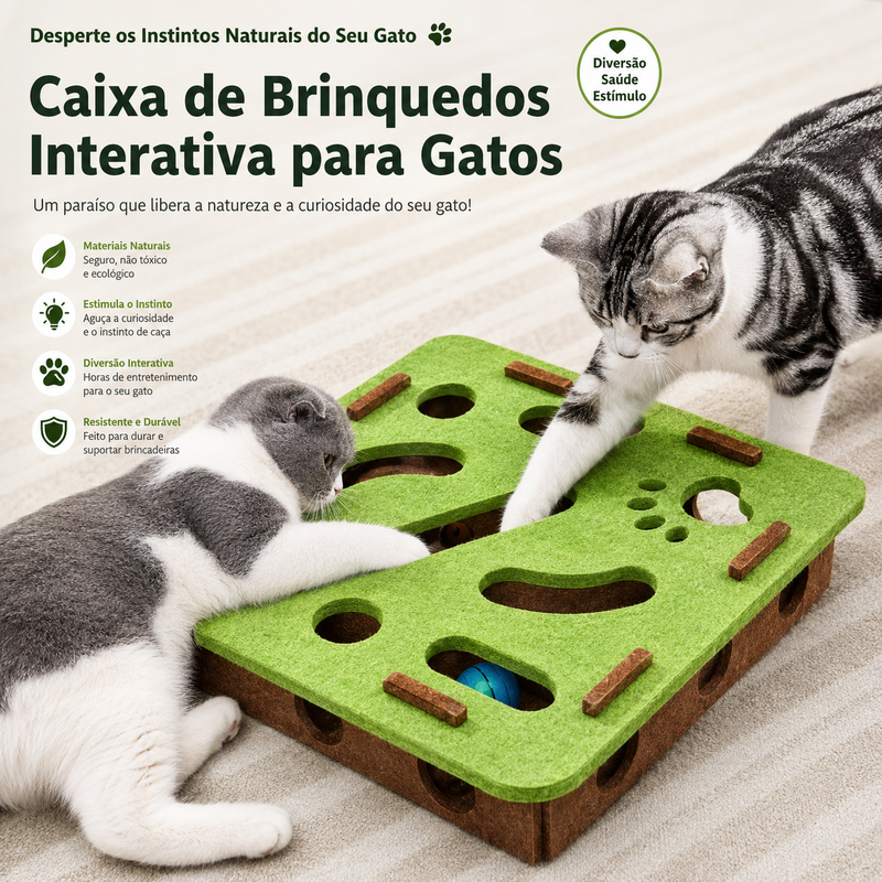 Gatos brincando com brinquedo interativo tipo quebra-cabeça que estimula inteligência, atividade física e instintos naturais de caça.